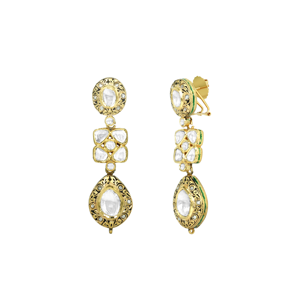 Polki Earrings with Teardrop Design in Partash work